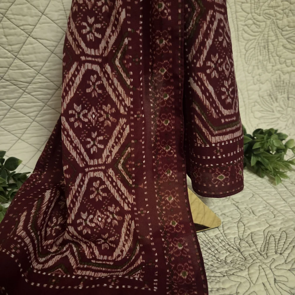Boho Wine Red Geometric Long Scarf Oblong Lightweight Retro Folk Print